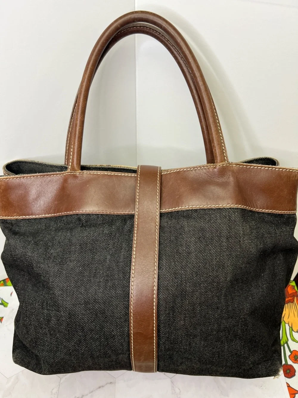 CHANEL Black Denim Tote with Brown Leather Trim and Gold CC Turnlock Accent - Picture 3 of 11